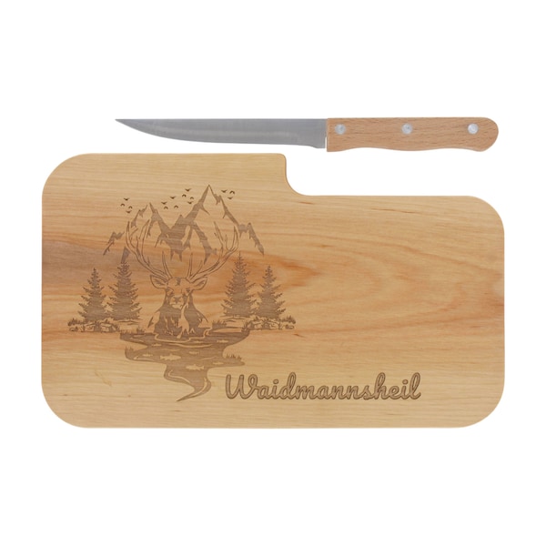 Knife board with engraving Waidmannsheil, gift men, cutting board wood, gift idea for hunters, snack board with knife, snack board