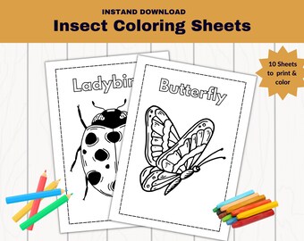 Printable Insect Worksheet, 10 Insect Coloring Pages for toddlers, Instant download.