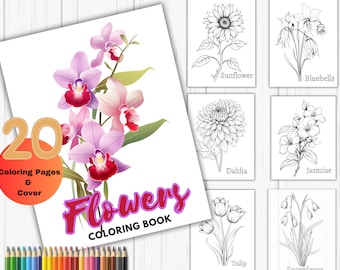 Páginas sencillas para colorear de flores para adultos, páginas de flores fáciles de colorear, coloración digital, hojas para colorear florales, libro para colorear botánico.