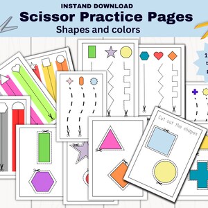 Scissor practice for preschool, Fine motors skills, cutting practice, Shapes worksheets, Kindergarten printable, Montessori learning