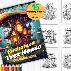 Treehouse coloring book, Treehouses coloring pages, Fairy house, woodland house coloring sheets, Greyscale coloring sheets, Coloring pdf.
