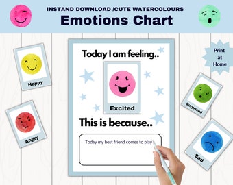 Actividades de emociones imprimibles para preescolar. Cuadro de emociones, lista de caras de emociones, educación en el hogar, rutina diaria, tarjetas didácticas.