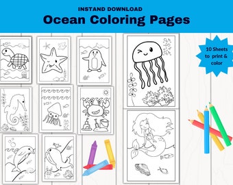 Imprimibles del tema del océano, Páginas para colorear del océano para preescolar, Páginas para colorear para niños bajo el mar, Descarga instantánea.