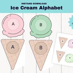 未就学児向けのアルファベットマッチング印刷物、夏のアイスクリームコーン、幼児向けのアルファベットマッチング、モンテッソーリ学習。
