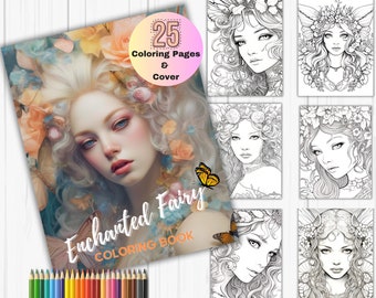 Enchanted fairy coloring book, adult fairy coloring, fantasy coloring page, forest fairy, coloring sheets, printable pdf