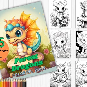 Baby Forest Dragon fantasy coloring pages, Dragon coloring book, greyscale , adult coloring, woodland animal coloring pages, coloring pdf