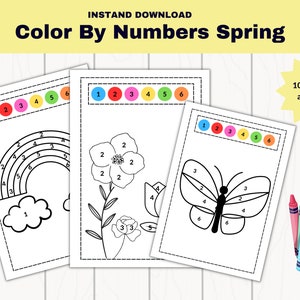 Color by number preschool printable, Spring themed coloring pages for Toddlers, Spring worksheets.