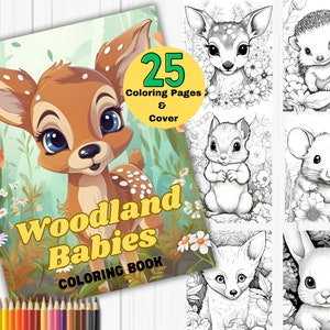 Woodland animal coloring book, forest animal coloring page, Baby animals, cute forest animal coloring sheets, greyscale coloring.