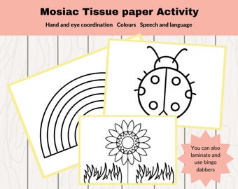 Actividad imprimible para niños pequeños, diversión con mosaicos de papel tisú, juego Monterssori, 8 imágenes grandes para crear mosaicos, actividad preescolar