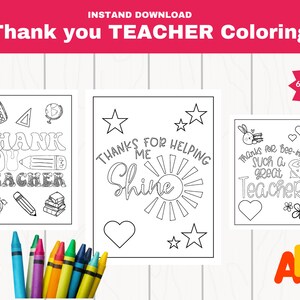 May include: Six printable coloring pages with teacher appreciation themes. The pages feature illustrations of a pencil, a globe, a calculator, a clock, a stack of books, a sun, a heart, a bee, a flower, and the words "Thank You Teacher", "Thanks for Helping Me Shine", and "Thanks for Bee-ing Such a Great Teacher".