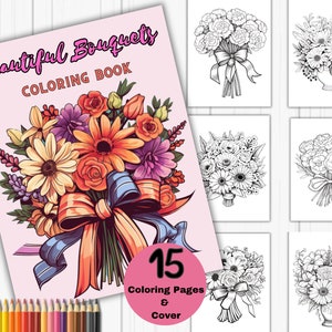 Flower collection coloring book, Flower Bouquets coloring page, Flower art, adult coloring pages, flower arrangements, greyscale coloring.