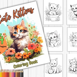 Kitten Coloring pages for kids and adults, 24 pages for cat lovers, cat coloring book, cute kitties coloring, greyscale, coloring pdf.