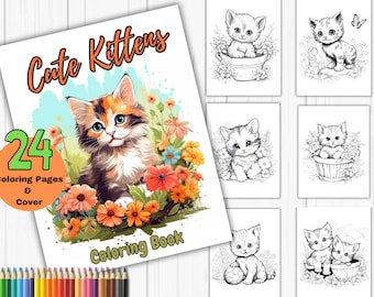 Kitten Coloring pages for kids and adults, 24 pages for cat lovers, cat coloring book, cute kitties coloring, greyscale, coloring pdf.