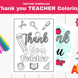 May include: Black and white printable coloring page featuring the text "Thank You Teacher" with school supplies and a red apple. The page is designed for children to color.