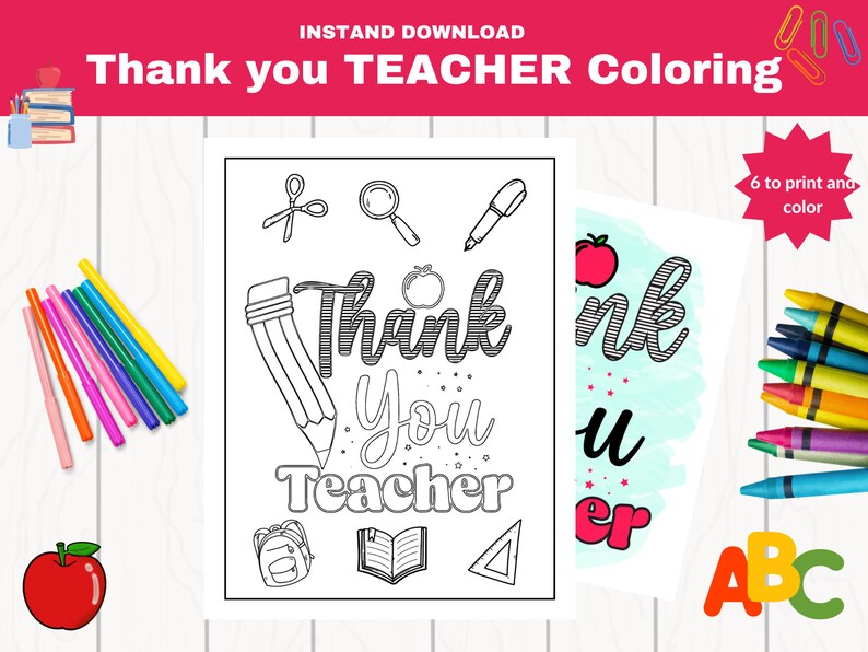 May include: Black and white printable coloring page featuring the text "Thank You Teacher" with school supplies and a red apple. The page is designed for children to color.