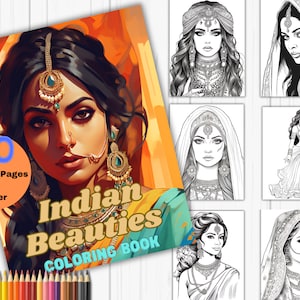 Indian Coloring pages for adults, beautiful Indian women, Indian coloring page, Indian beauty queens, Indian sari, Greyscale coloring.