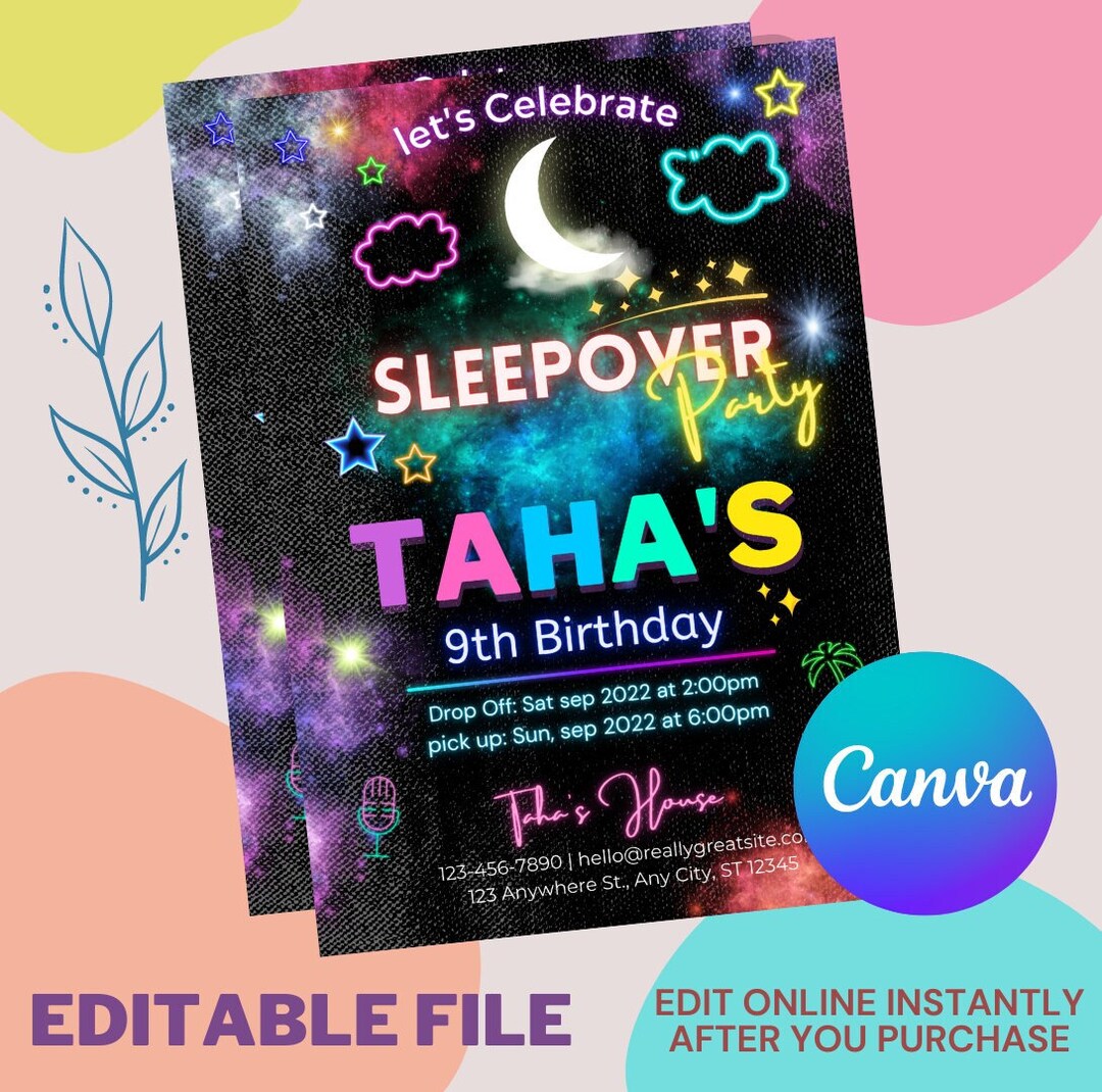 Sleepover Party Birthday Invitation Editable Template - Etsy