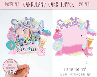 May include: A pink and purple cake topper with the words "Sweet" and "Emma" on it. The topper features a number 2, a cupcake, a donut, and a candy cane. It is designed for a birthday party.