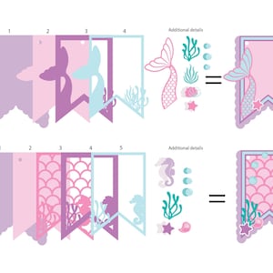 May include: Two printable mermaid and seahorse banner designs. Each design includes a set of individual pieces to cut out and assemble. The mermaid banner features a pink, purple, and blue mermaid tail with a star and seashell. The seahorse banner features a pink, purple, and blue seahorse with a star and seashell.
