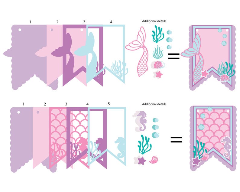 May include: Two printable mermaid and seahorse banner designs. Each design includes a set of individual pieces to cut out and assemble. The mermaid banner features a pink, purple, and blue mermaid tail with a star and seashell. The seahorse banner features a pink, purple, and blue seahorse with a star and seashell.