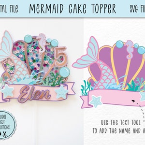 May include: A mermaid cake topper with a pink seashell, a blue tail, and a seahorse. The topper includes a banner with the text "Elen" and a space to add a name and age.