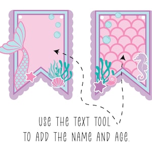 May include: Two printable mermaid-themed banner flags with a pink background. One flag features a mermaid tail and the other has a pink and white scale pattern. Both flags have a purple border and include a star, seashells, and seaweed.