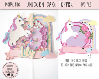 May include: A unicorn cake topper with a rainbow, clouds, and a banner that says "Lily". The unicorn is white with a pink mane and tail. The topper is designed for a Cricut machine and includes instructions.