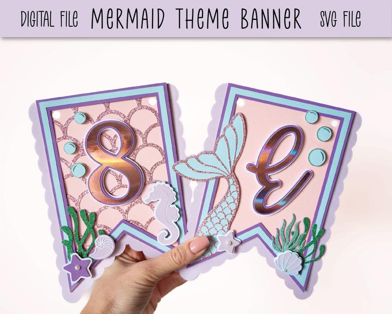 May include: A mermaid-themed banner with a pink background and purple and blue accents. The banner features the number 8, a mermaid tail, and sea-themed decorations. The banner is ideal for a birthday party.
