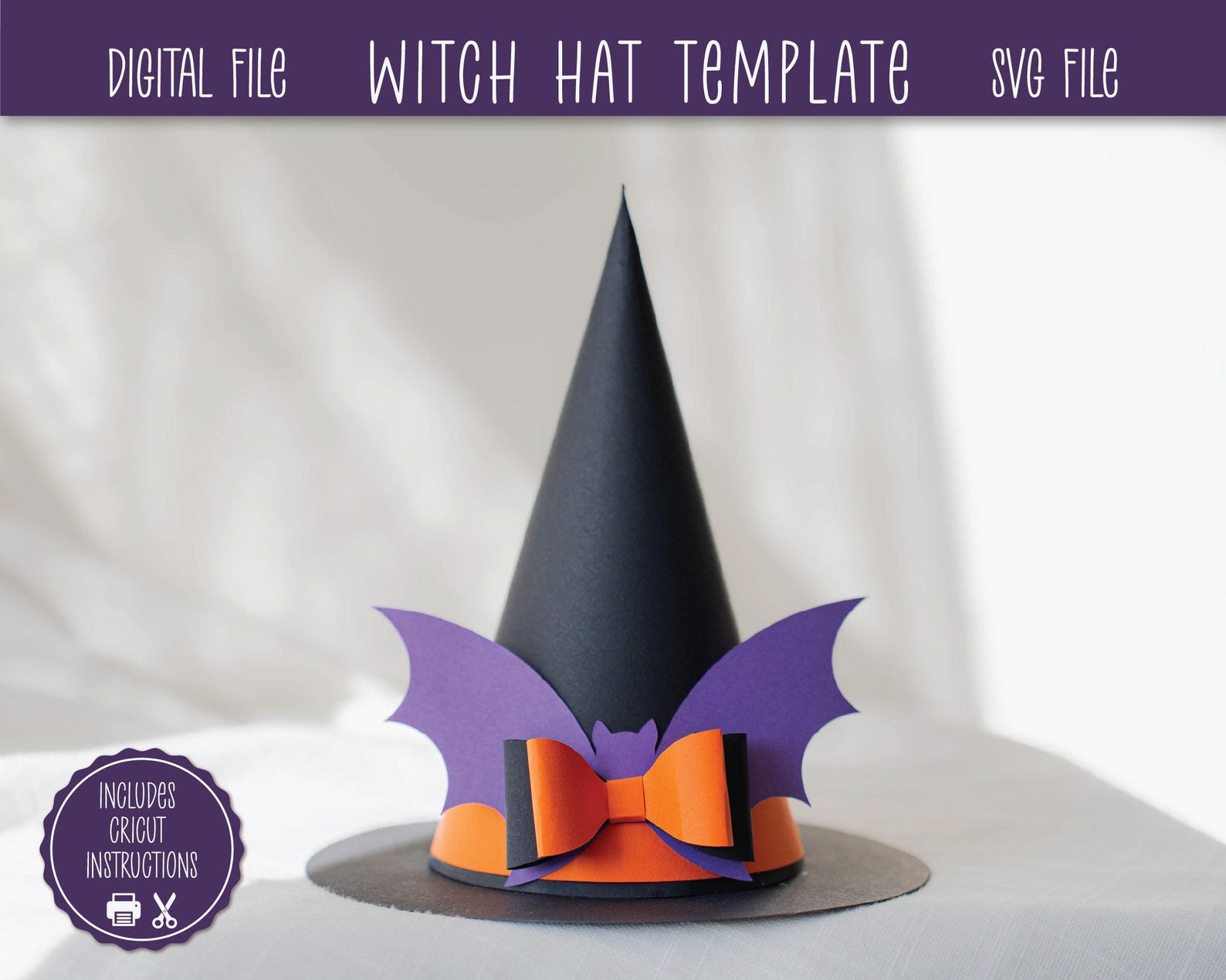 A Bat-Wing Bow Around the Base Black pointed paper witch hat template preview with bat-wing-shaped bow and orange band.