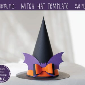 May include: A black witch hat template with a purple bat and orange bow. The hat has a black cone and a circular brim. Text on the image reads "DIGITAL FILE", "WITCH HAT TEMPLATE", "SVG FILE", and "INCLUDES CRICUT INSTRUCTIONS".