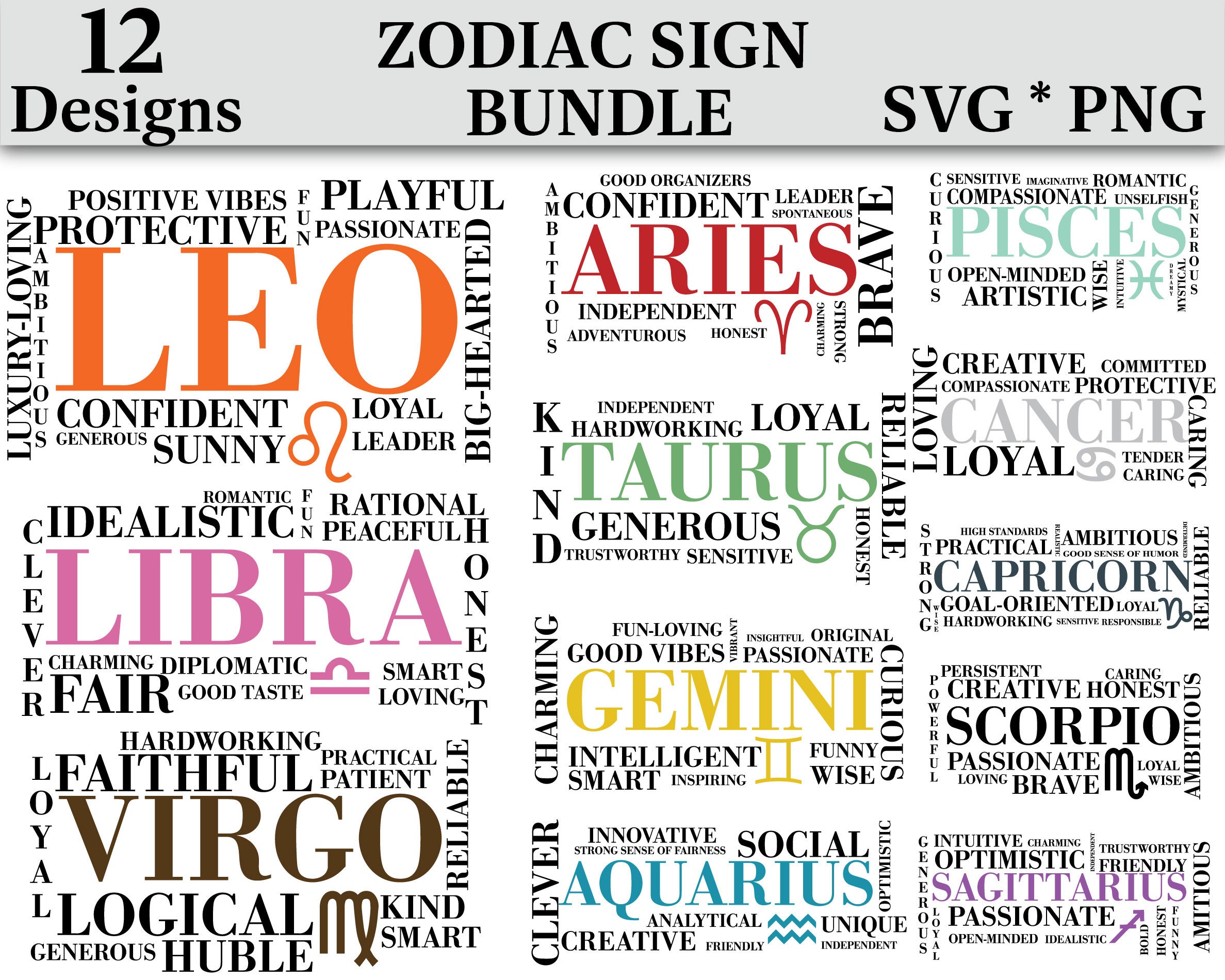 Zodiac Bundle SVG Horoscope Svg Astrology Signs Digital - Etsy