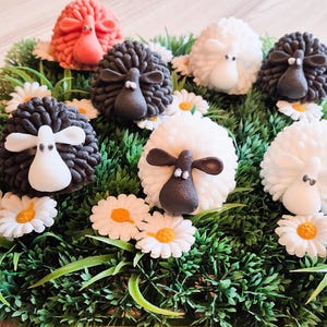 Könnte beinhalten: Eine Sammlung von sieben schafartigen Cake Pops, die mit weißer und schwarzer Glasur verziert sind. Die Cake Pops sind auf einem Bett aus grünem Gras mit weißen Blumen angeordnet.