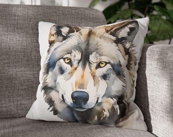 Sierkussenhoes aquarel wolf, decor dieren in het wild, kussenhoes wilde dieren, cadeau natuurliefhebber, kussensloop boerderij