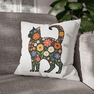 Floraler Kissenbezug in Katzenform, wunderliches botanisches Katzenkissen, süßes Geschenk für Katzenliebhaber, Cottagecore-Kissenbezug, Couch Kissenbezug, 18x18