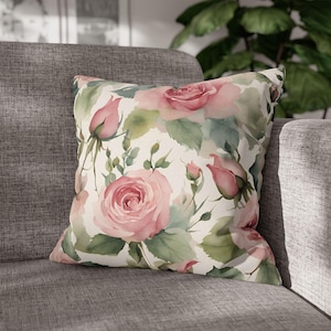 Vintage Pink Rose Throw Pillow Cover, Romantic Watercolor Floral Cushion Cover, Shabby Chic Cottagecore Home Decor, Cute Spring Pillow Case