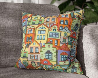Whimsical Townhouse Pillow Cover: Colorful Pillow Case, Dopamin Home Decor