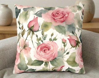 Vintage Pink Rose Pillow Cover, Shabby Chic Floral Cushion, Cottagecore Decor for Sofa, Romantic Flower Throw Pillow, Victorian Garden Gift