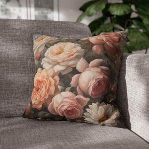 Vintage Rose Throw Pillow Cover, Romantic Floral Cushion Case, Dark Cottagecore Home Decor, Flower Throw Pillow Case, Spring Farmhouse Decor