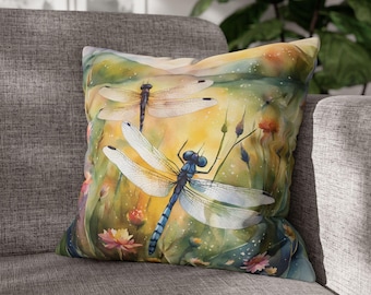 Aquarel libelle sierkussen inham, betoverende natuur kussenhoes, botanische woondecoratie, lente bloemen kussensloop natuurliefhebber cadeau