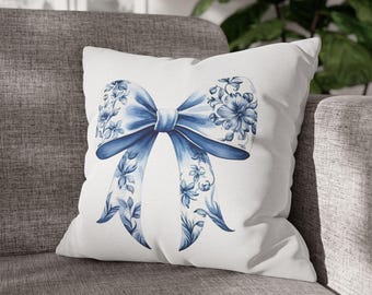 Blue Floral Bow Pillow Cover: Chinoiserie Cottagecore Decor