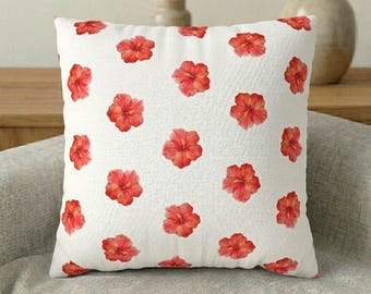 Red Hibiscus Throw Pillow Cover: Tropical Beach House Decor
