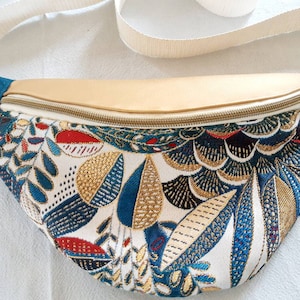 French embroidery fanny pack in duck blue and gold