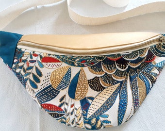 French embroidery fanny pack in duck blue and gold