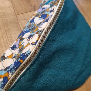 Duck green linen fanny pack with flowers and blue corduroy