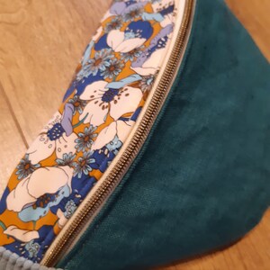 Bum bag in duck green linen, flowers and blue corduroy image 2