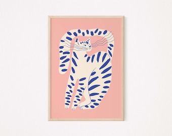 Blue Striped Cat Poster, Cat Print, Cat Poster, Cat Wall Art, Cat Print Wall Art, Cat Gifts, Cat Illustration-LARGE