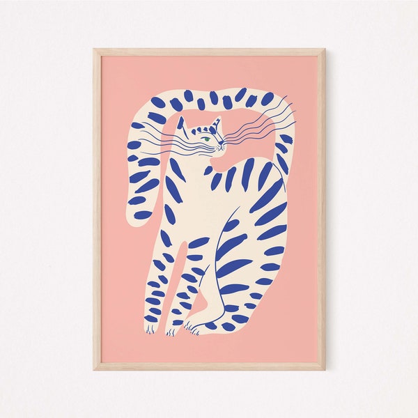 Blue Striped Cat Poster, Cat Print, Cat Poster, Cat Wall Art, Cat Print Wall Art, Cat Gifts, Cat Illustration-LARGE