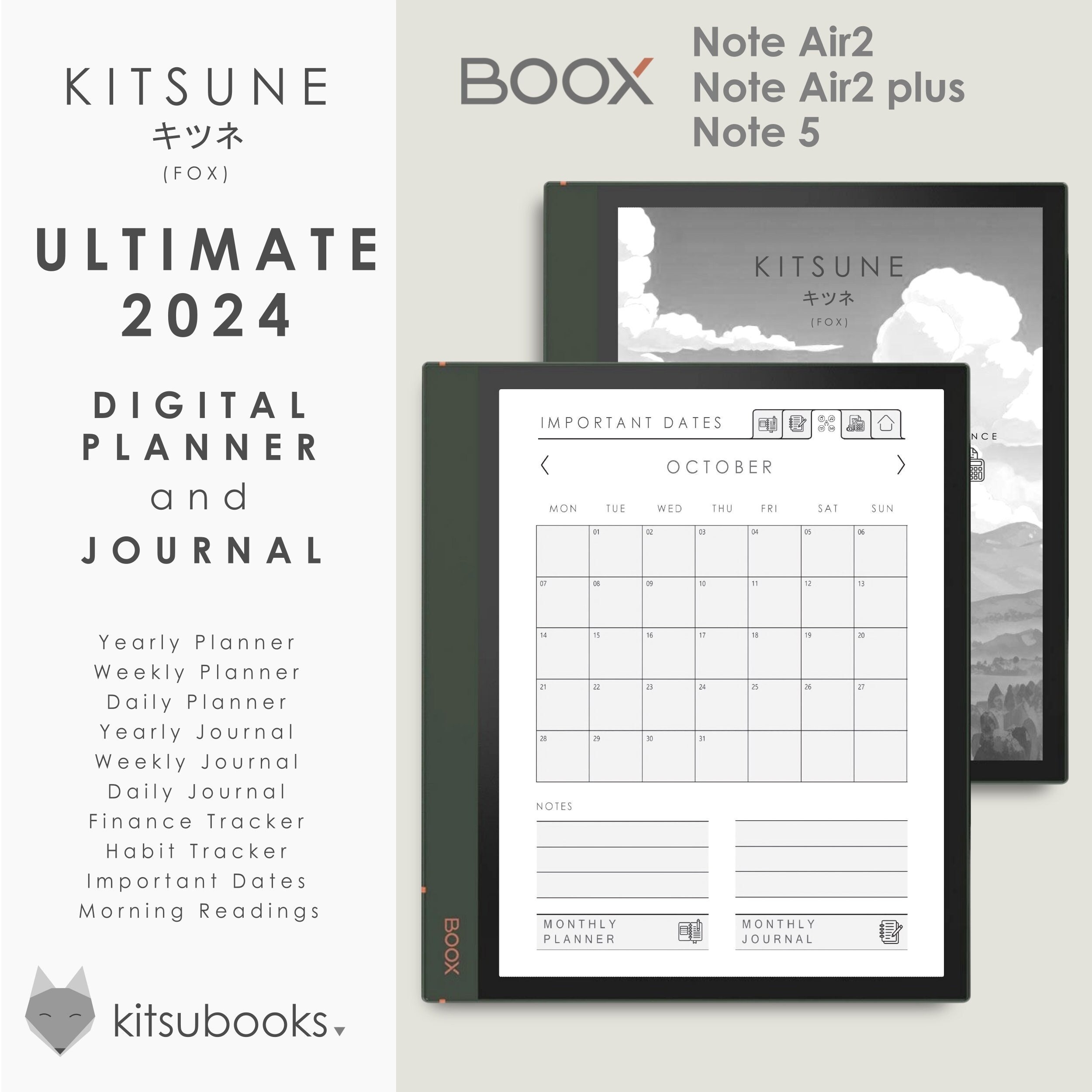 BOOX Tab Mini C, 2024, Digital Daily Weekly Monthly Planner Template  Minimalist From Kitsu Books 