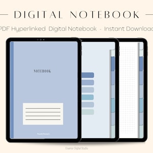 May include: A digital notebook with a blue cover and the word "NOTEBOOK" in white text. The notebook is displayed on a tablet screen. The image also shows a color palette of blue shades and two additional pages of the notebook, one with a grid pattern and the other with a lined pattern.