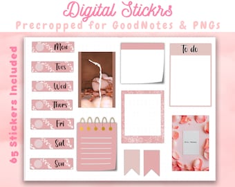 May include: A set of digital planner stickers in pink and white with floral designs. The stickers include days of the week, a to-do list, a note pad, a frame, and a decorative element with petals. The stickers are pre-cropped for GoodNotes and PNGs.